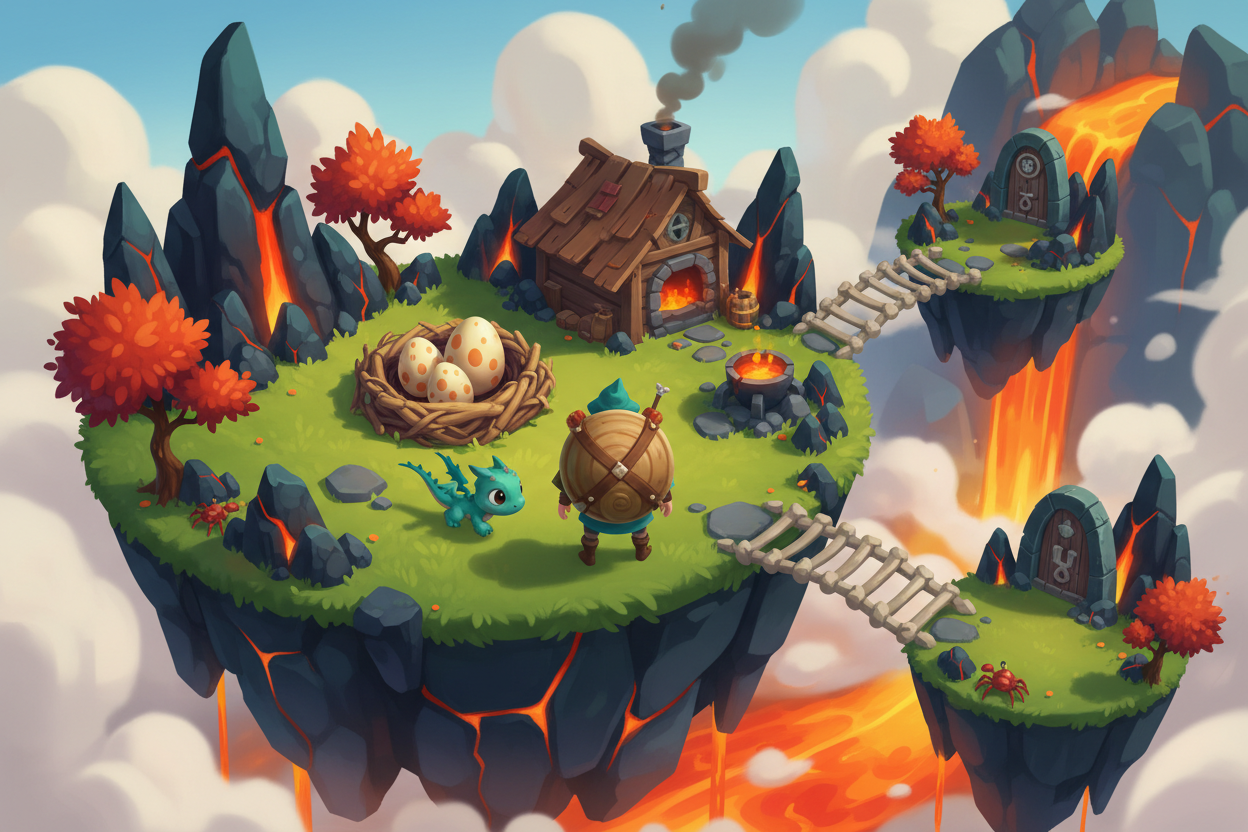 A tiny explorer on a floating volcanic island with a stone nest of dragon eggs, a forge hut and lava falling into the clouds